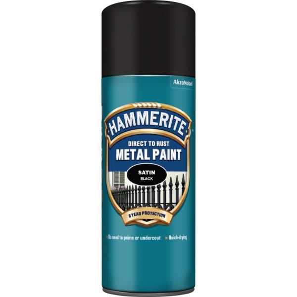 Hammerite 5084778 Satin Direct to Rust Metal Black Paint 400ml Aerosol
