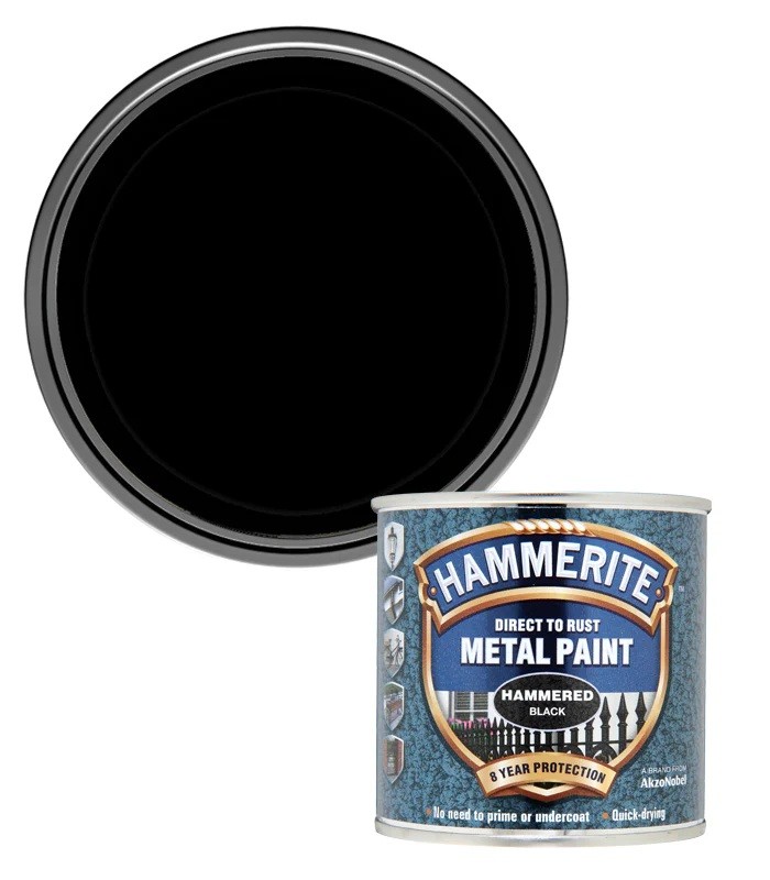 Hammerite 5084792 Hammered Direct to Rust Metal 250ml Black Paint Brush on