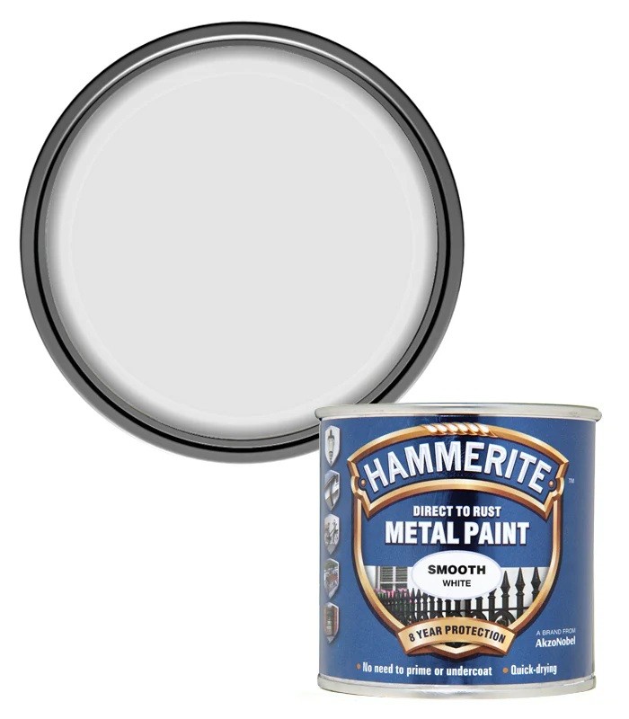 Hammerite Smooth Direct to Rust Metal 250ml White Paint Brush on