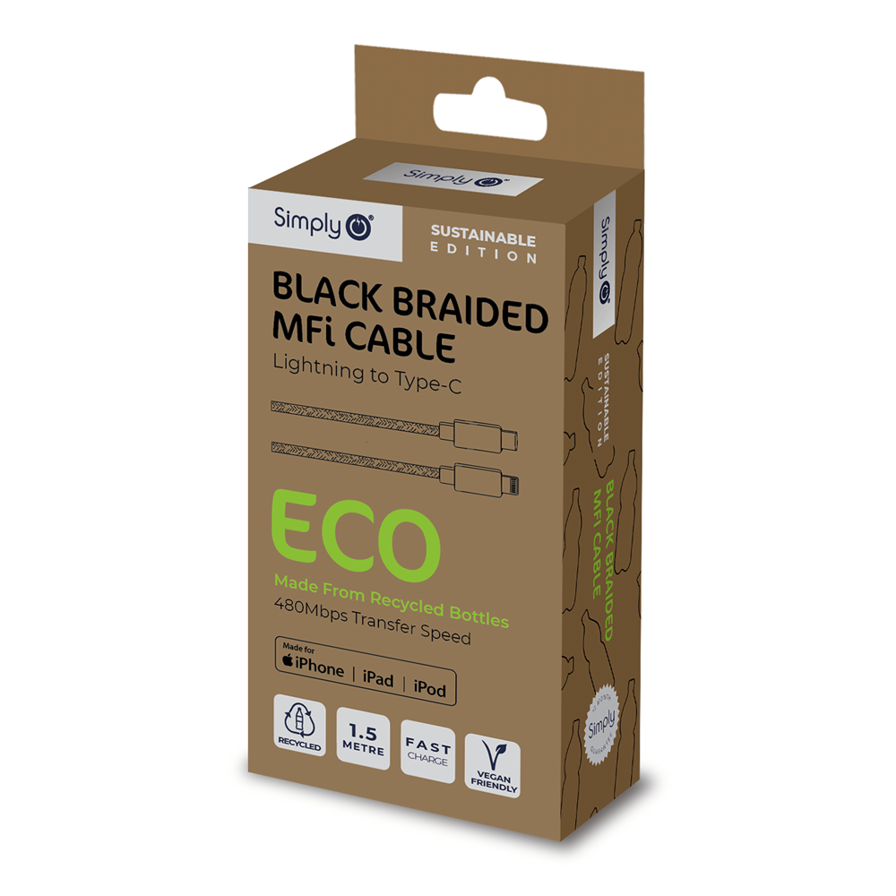 ECO001 Simply Power Eco Mfi Type C To Iphone Black Braided 1.5M Cable