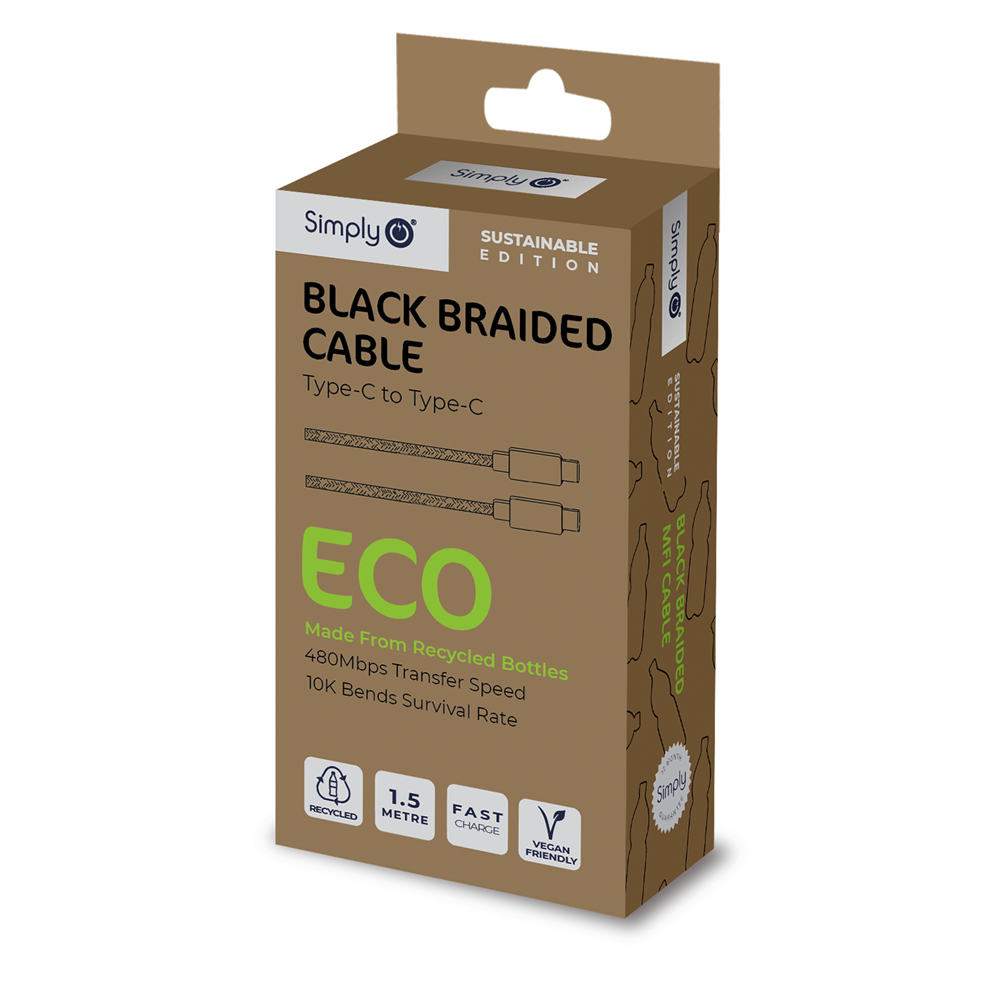 ECO004 Simply Power Eco Type C To Type C Black Braided 1.5M Cable