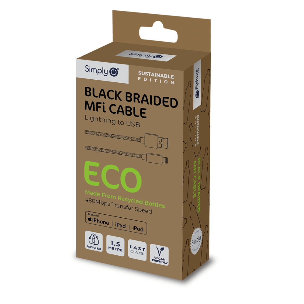 ECO005 Simply Power Eco Mfi USB To Iphone Lightning Black Braided 1.5M Cable