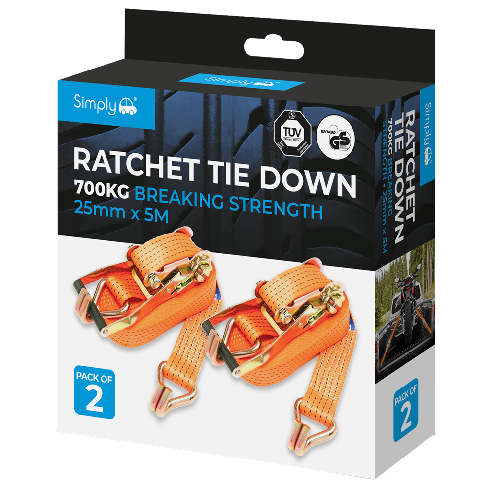 RTD002 Simply Auto PK2 25mm*5M 700Kg Ratchet Tie Down